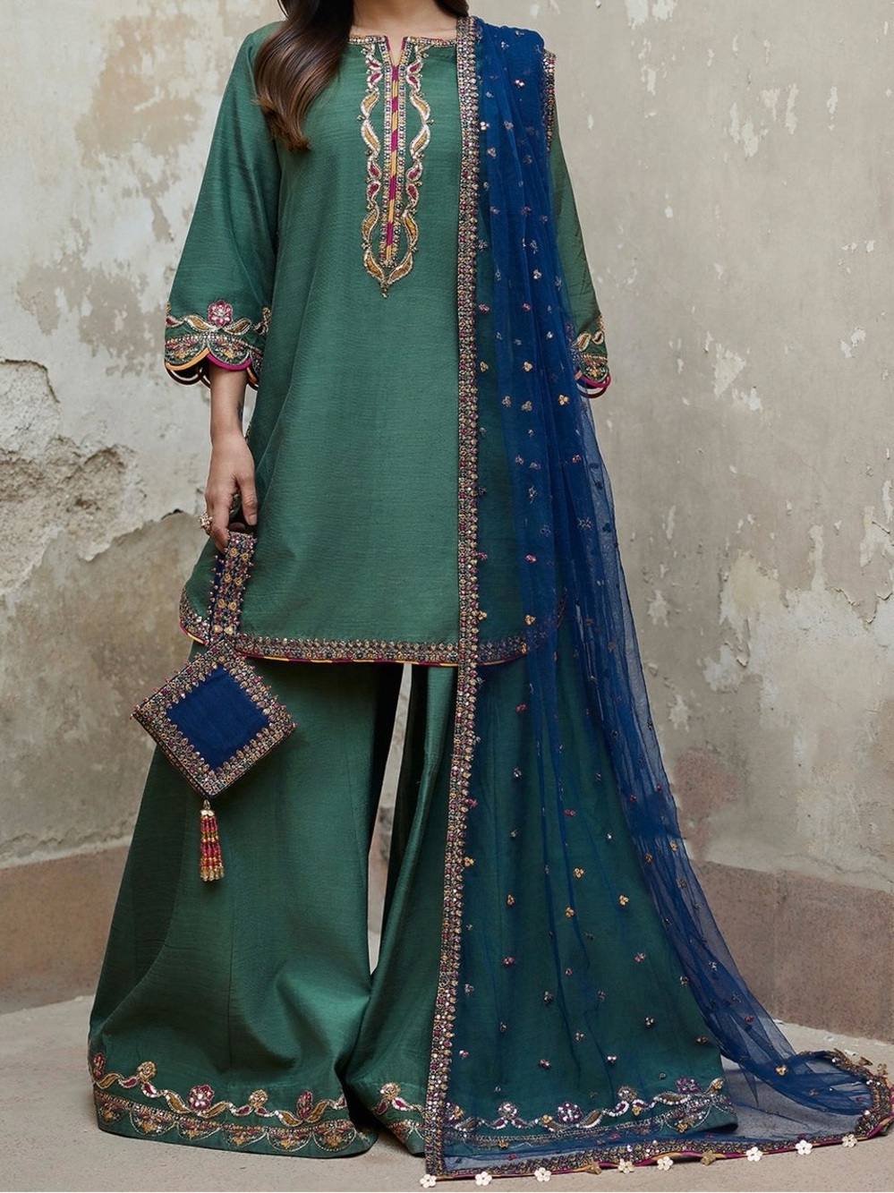 Embellished Green & Navy Pakistani Suit with Sheer Dupatta